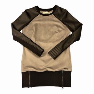 Blanc Noir Moto Tunic Sweatshirt Faux Suede PU Sleeves Zip Hem Women's M